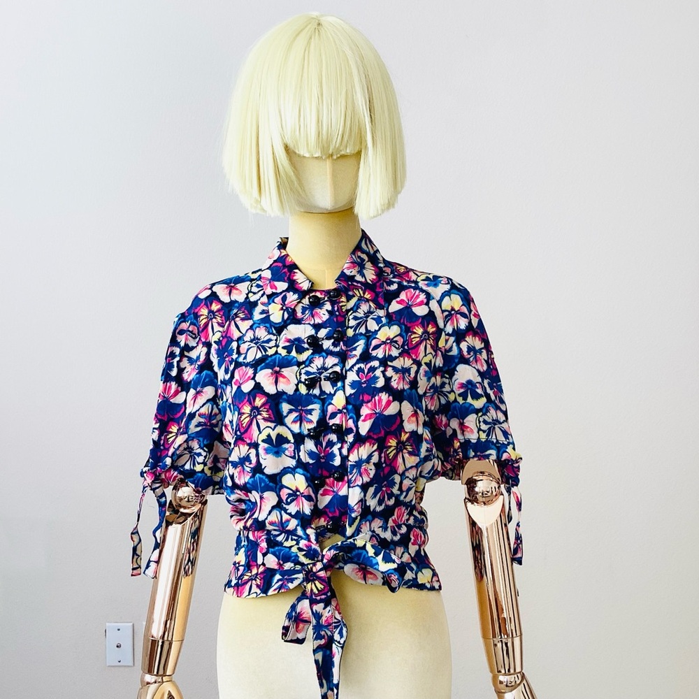 Paco Rabanne Blue and Pink Floral Blouse SZ 8/40